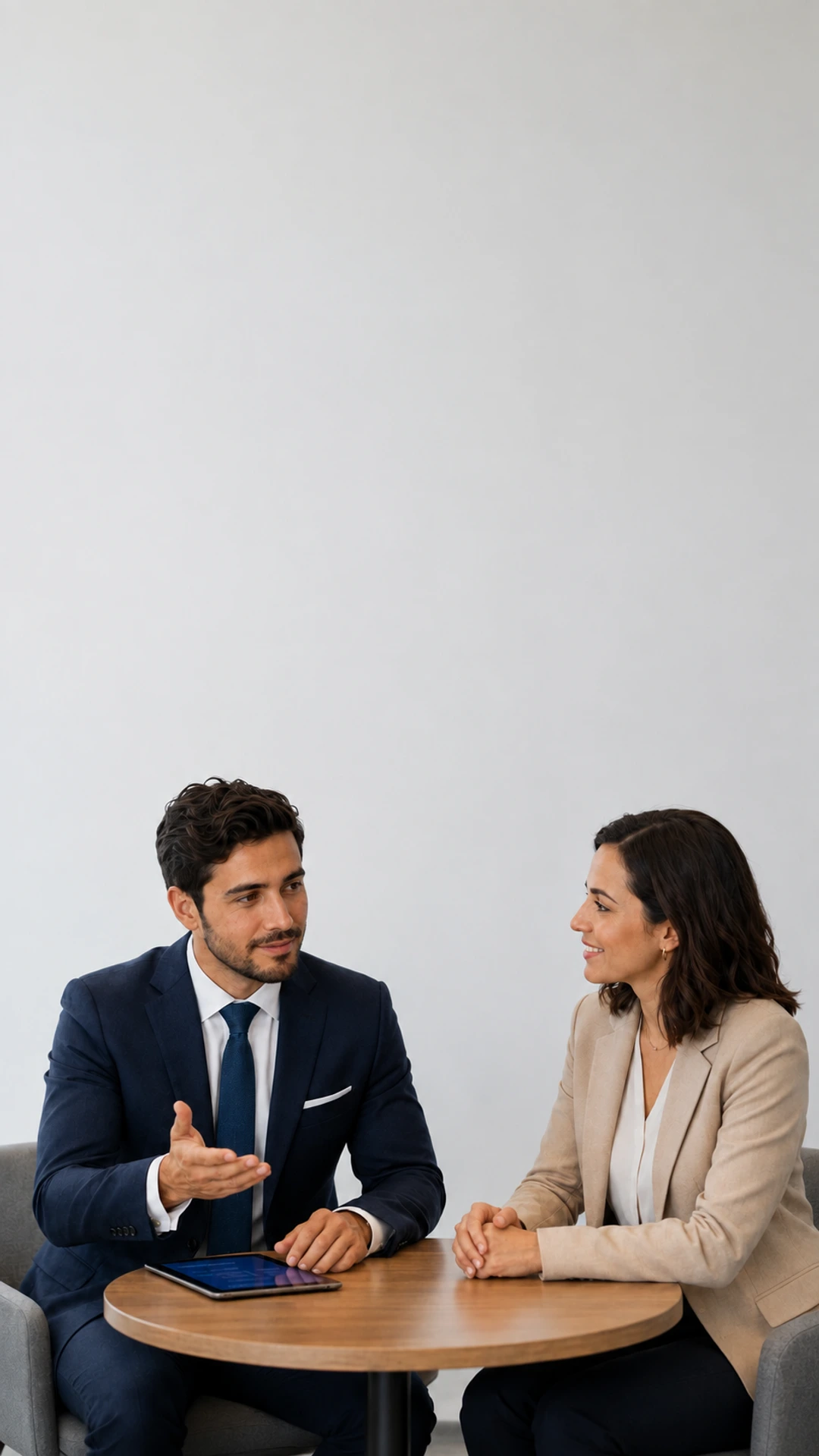 Ilustración: dos personas conversando en una mesa de reunión, en una oficina.